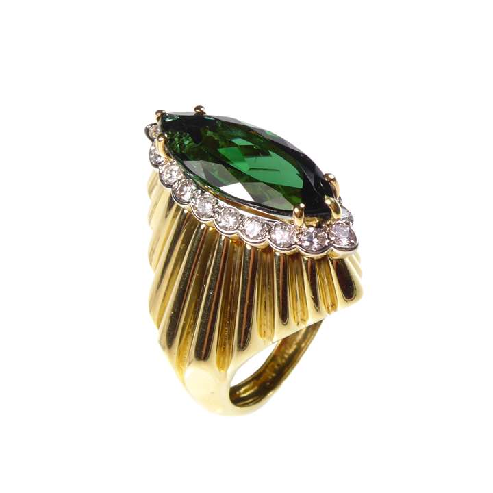 Marquise green tourmaline, diamond and gold ring